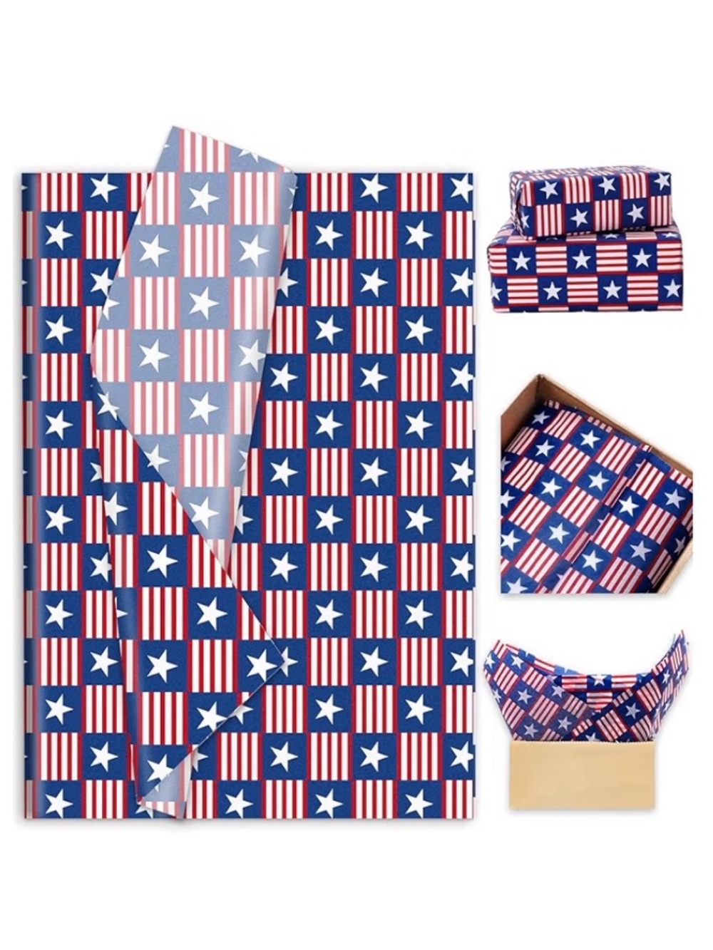 10 Pack 14x20 Tissue Paper Patriotic Red White & Blue Stars & Stripes